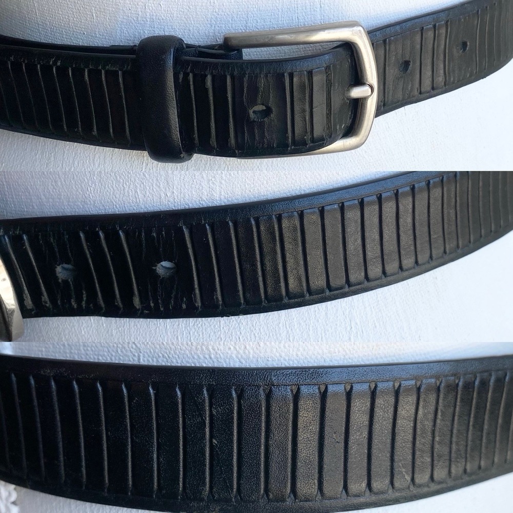 Italian Oil Tan Cowhide Leather Belt Black Textured Ribbed Silver Tone Buckle 38